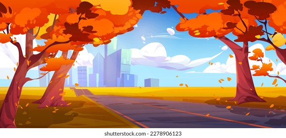 Autumn street city landscape. Empty route way to downtown and skyscraper. Urban cartoon vector background with modern buildings and falling orange leaves. Panoramic forest scape concept.