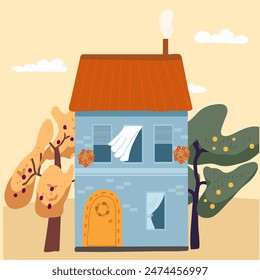 Autumn street with old European house, trees apple tree, pear tree, autumn leaves. Vector hand drawing illustration.
