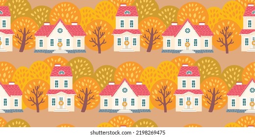 Autumn street seamless pattern. Season wallpaper with houses and fall trees