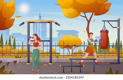 Autumn street workout park. Vector horizontal illustration of fall city public park with gym zone, sport equipment, people, boxer, woman. Outdoor sports area for training, fitness. Nature background