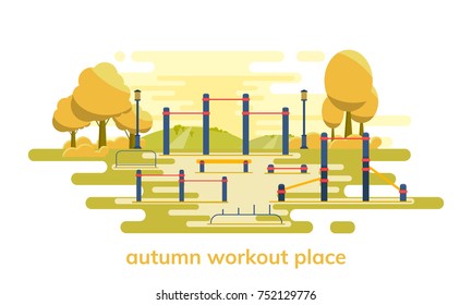 Autumn street workout place for fitness and strength training. City sport park. Element and equipment for urban outdoor training. Sport background. Vector illustration isolated on white background.