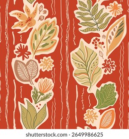 Autumn striped floral leaves seamless pattern. Artistic hand drawn vertical lines, fall foliage, flowers background. Vector harvest garden wallpaper, organic nature, botanical textile design, print