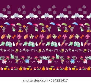 Autumn striped pattern with cute animals, vegetables, flowers, fruits, autumn leaves, clouds, raindrops and snowflakes. Beautiful vector illustration for baby. Print for fabric. Seamless background.