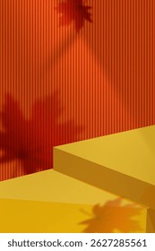 Autumn Studio background yellow 3D steps cylinder pedestal podium with shadow,light overlay on orange corrugated wall.Abstract minimal scene mockup product display stage showcase.Vector geometric form