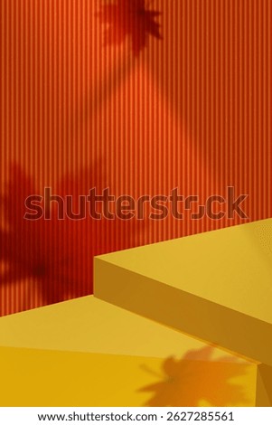 Autumn Studio background,3d yellow light on wall background,Abstract design of podium pedestal with fall leaves texture pattern.Vector illustration interior room and geometric template art banner