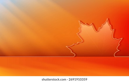 An autumn studio in orange and red tones with a maple leaf and sunbeams with shadows. A podium for showcasing your product. Vector 3D illustration.