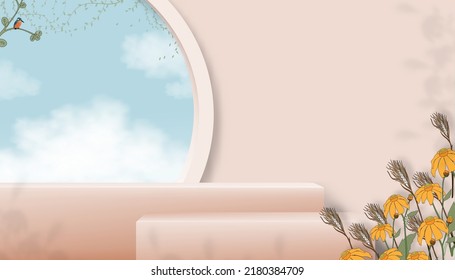 Autumn Studio room background 3D podium display, sunflower on beige wall,Vector  backdrop banner stand with cloud blue sky,Minimal mockup for Beauty,Cosmetic,Spa product presentation on Fall season
