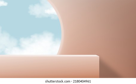 Autumn Studio room background 3D podium display on beige wall,Vector backdrop banner stand with cloud blue sky on window,Minimal mockup for Beauty,Cosmetic,Spa product presentation on Fall season