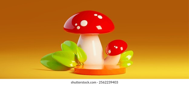 Autumn studio scene with red spotted mushrooms with white stems behind orange circular podium decorated by green leaves on gradient backdrop. Realistic 3d vector fall seasonal presentation platform.