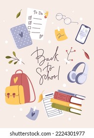 Autumn study aesthetics card. Lettering Back to school. Contemporary art, school collection with hand drawn elements.