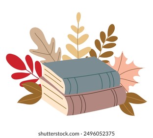 Autumn study mood. Forest leaves and books isolated on white background. Seasonal Autumn vibes design for greeting cards, web or poster