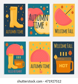 Autumn stuff  banners in flat style. Vector fall rain concept cards withdry fall leaves, umbrella, rubber boots and hot coffe for web, mobile,  party invitations, sale, advertising.