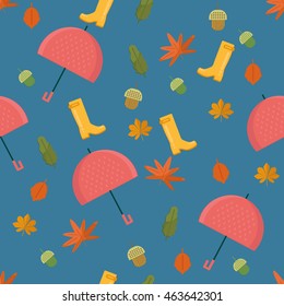 Autumn stuff pattern. Vector background with dry fall leaves, umbrella and rubber boots. Illustration for autumn sales, advertisement, party invitations.