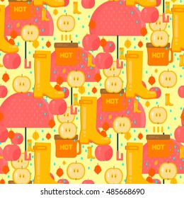 Autumn stuff pattern. Vector background with dry fall leaves, umbrella, hot coffe, apples and rubber boots. Illustration for autumn sales, advertisement, party invitations.
