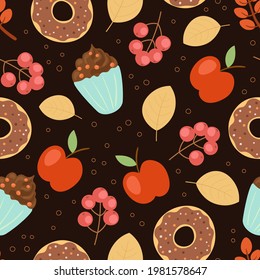 Autumn style abstract seamless vector pattern on dark brown background. Warm cozy repeating background texture for fabric print, wallpaper, wrapping paper. Doodle donuts, cupcakes, leaves, berries.