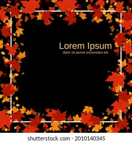 Autumn style black vector background with colorful leaves and white frame