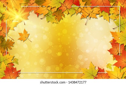 Autumn style blurred vector background with colorful leaves and white frame.
