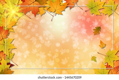 Autumn style blurred vector background with colorful leaves and white frame