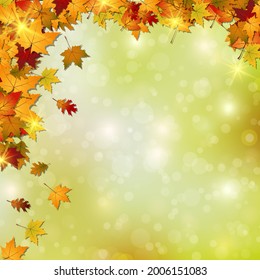 Autumn style blurred vector background with bokeh effect and colorful leaves