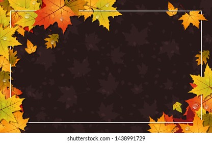 Autumn style brown vector background with colorful leaves and white frame