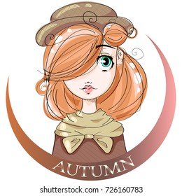 Autumn style cute girl with red hair, beauty fashion woman portrait, cartoon character, hand drawn vector illustration art