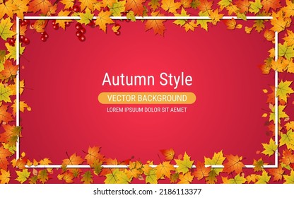 Autumn style elegant red background with colorful leaves. Banner, coupon, card, flyer, booklet vector template