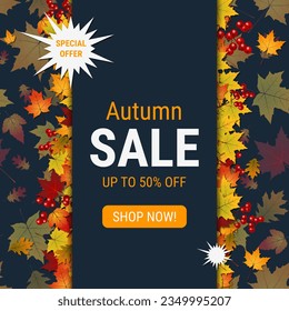 Fondo vectorial elegante de estilo otoño. Diseño para volante cuadrado, tarjeta de invitación, póster promocional, cupón descuento, cupón, cupón, banner de venta