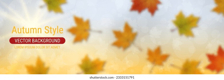 Autumn style horizontal vector banner template. Blurred background with colorful leaves