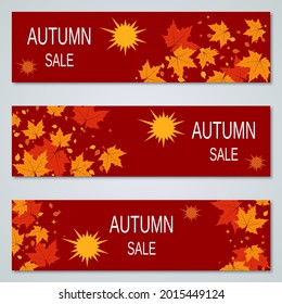Autumn style horizontal vector banners collection. Red background with colorful leaves