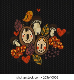 Autumn style nature background with children. Vector doodle illustration.