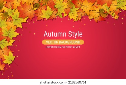 Autumn style red background with colorful leaves. Banner, coupon, card, flyer, booklet vector template