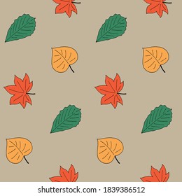 Herbstliche nahtlose Muster mit verschiedenen Blättern. Birke, Ahorn und Eiche. Gelb, Grün und Orange. Herbstkarte, Stoffdruck, Tapete, Textil, Geschenkverpackung und Kleidung. Endloses Design