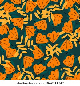 Estilo de otoño sin fisuras con formas de doodle de color naranja. Fondo azul marino. Impresión decorativa. Ilustración bursátil. Diseño vectorial para textiles, tela, giftwrap, papel pintado.