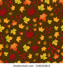 Autumn style seamless vector pattern. Colorful leaves and red berries on brown background