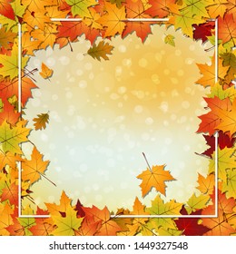 Autumn style vector background with colorful leaves and white frame
