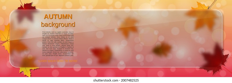 Vektorbanner-Vorlage im Herbststil. Abstrakter, unscharfer Hintergrund mit bunten Blättern, Glasplakat und Glasmorphismus-Effekt