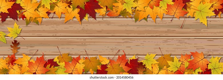 Autumn style vector banner template. Wooden background with colorful leaves