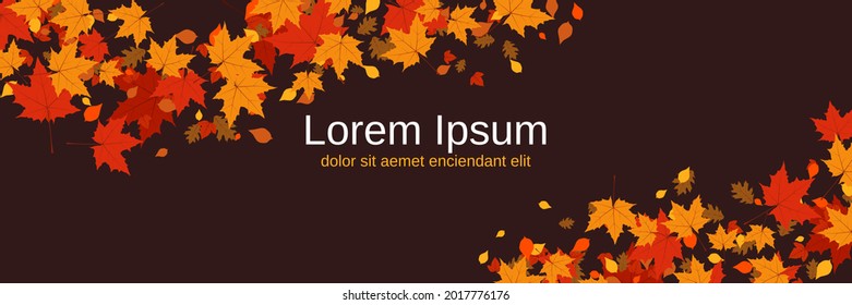 Autumn style vector banner template. Brown background with colorful tree leaves