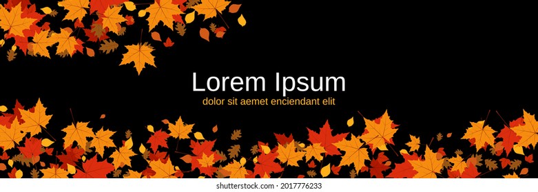 Plantilla de banner vectorial de estilo otoño. Fondo negro con hojas de árbol coloridas