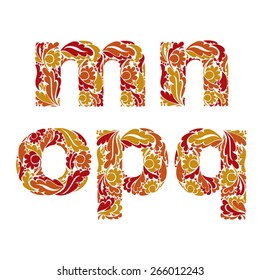 Autumn style vector font, typeset with eco floral ornament. M, n, o, p, q.