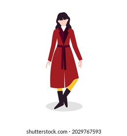 Autumn style. Vector icon in flat design. Adult woman in red coat isolated on white backdrop