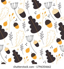 Autumn stylish pattern with doodle elements. Seamless white background with the image of acorns, leaves, dots, oak leaves, dill umbrellas. Print for fabrics, sewing textiles, printing on paper, banner