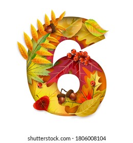 Autumn stylized alphabet with foliage. Digit6.