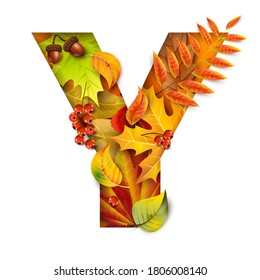 Autumn stylized alphabet with foliage. Letter Y.