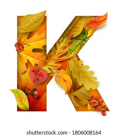 Autumn stylized alphabet with foliage. Letter K.