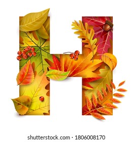 Autumn stylized alphabet with foliage. Letter H.