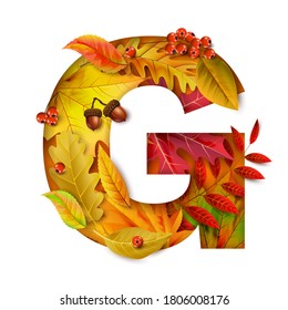 Autumn stylized alphabet with foliage. Letter G.