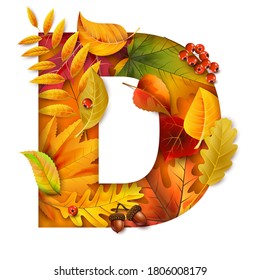 Autumn stylized alphabet with foliage. Letter D.