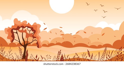 Paisaje estilizado del otoño, paisaje minimalista, Ilustración vectorial