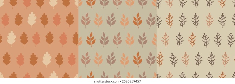 Autumn stylized seamless patterns with leaves in peachy, orange and beige palette